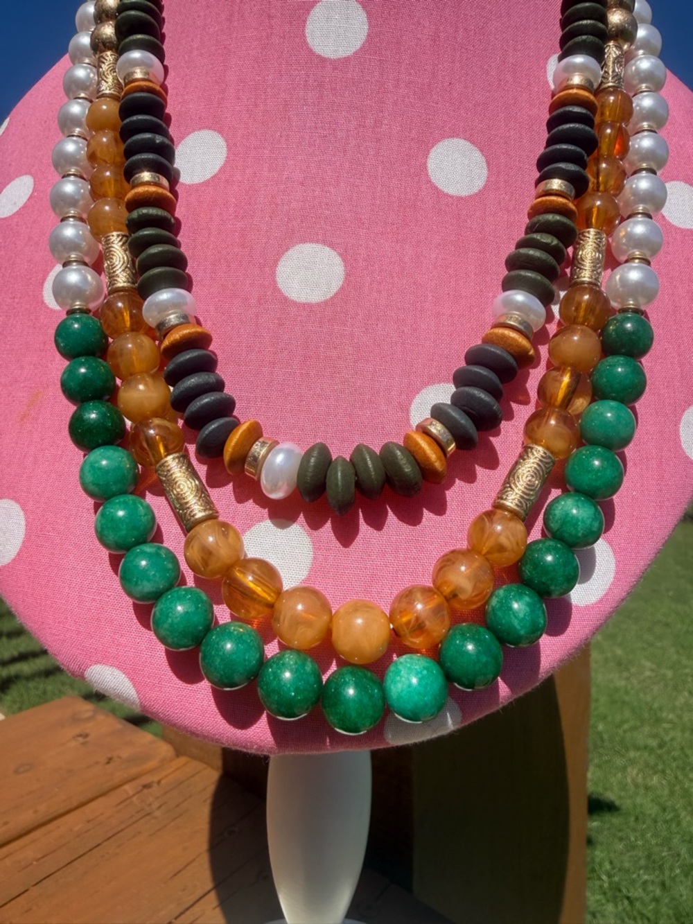 NWT Simply Southern Green, Amber & Pearl 3 Layered Bead Necklace boho